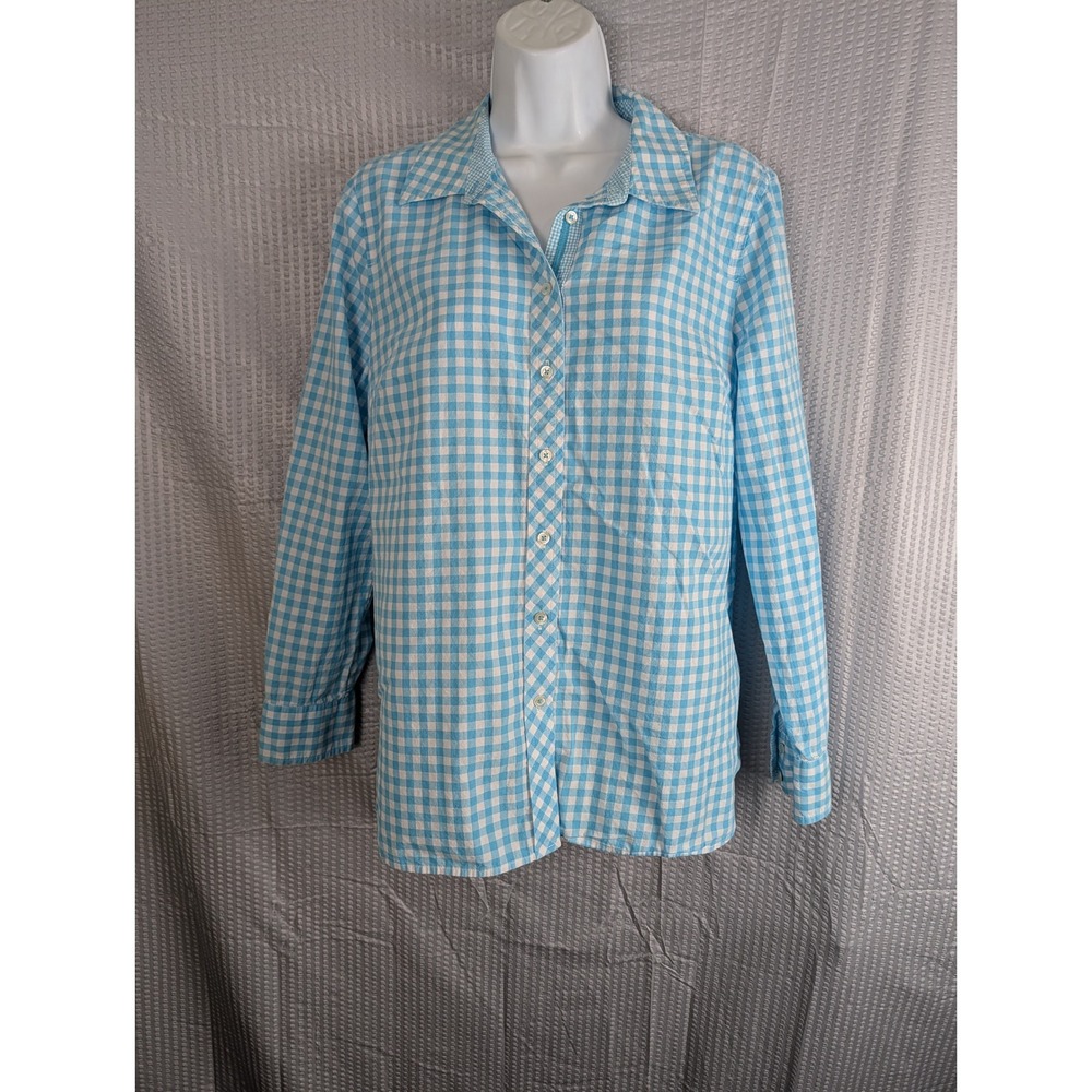Talbots Womens Medium Blue White Gingham Check Button Down Shirt 100% Cotton